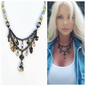 Two Strand Blackend Sterling Silver Charm Necklace in Aqua Marine